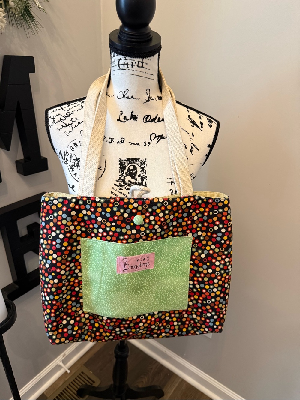 Boogybaga Colorful Polka Dot Canvas Tote with Green Pocket